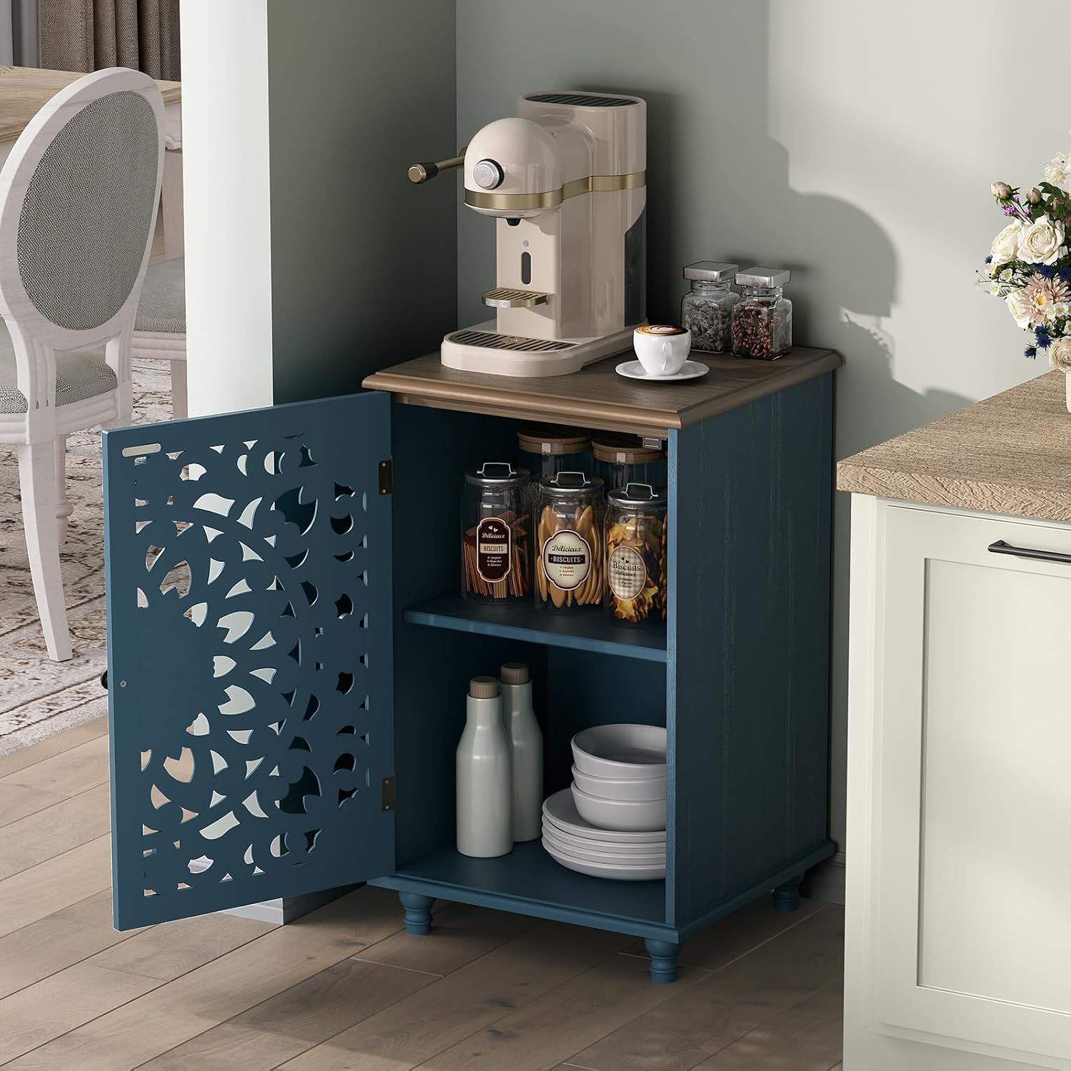 JOINICE Small Accent Cabinet with Carved Mandala Door,Storage Cabinet with Solid Wood Legs & Adjustable Shelf,Boho Distressed End Table for Living Room,Bedroom, Entryway Side Table(Blue & Walnut)