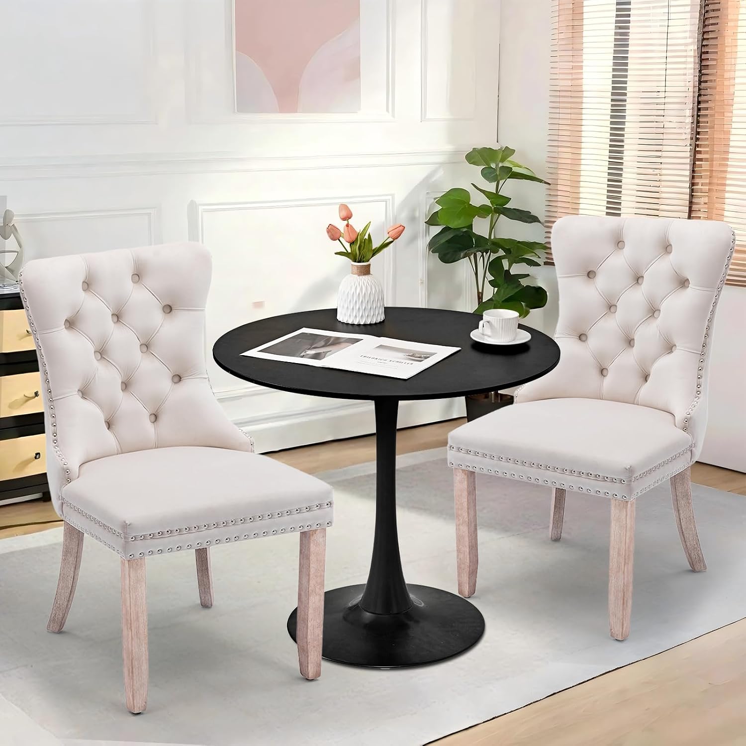 Dining Table and Dining Chair Set 31.5' Black Round Table&2 Velvet Upholstered Wooden Legs Chairs for Kitchen Dining Room Small Space 3 Piece Dining Table and Chair Set,Beige