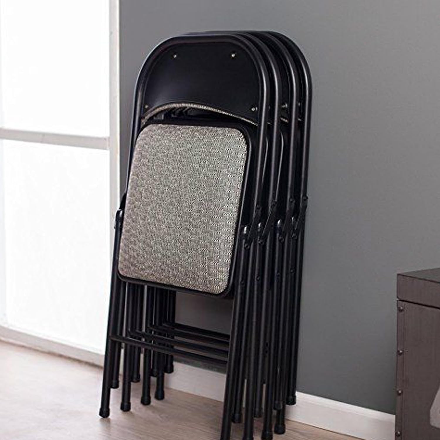 MECO 4-Pack Portable Padded Foldable Chairs, Lightweight and Cushioned Metal Fabric Folding Chair, Sudden Comfort, Black - Compact and Collapsible Furniture for Indoor and Outdoor Use