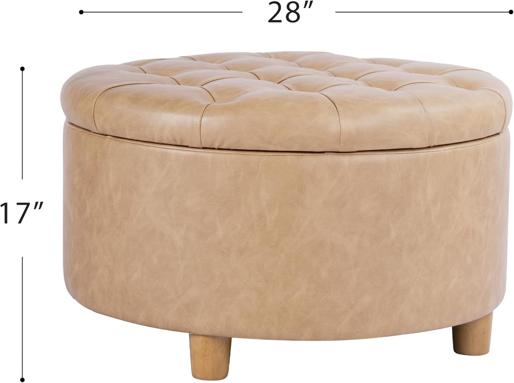 HomePop Home Decor | Button Round Storage Ottoman | Ottoman with Storage for Living Room & Bedroom, Light Camel Faux Leather