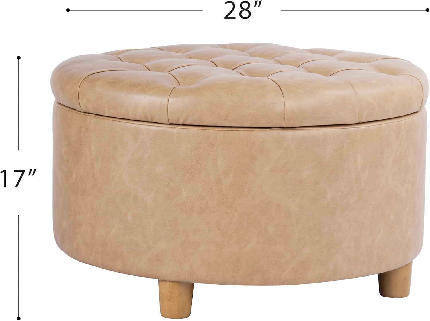 HomePop Home Decor | Button Round Storage Ottoman | Ottoman with Storage for Living Room & Bedroom, Light Camel Faux Leather