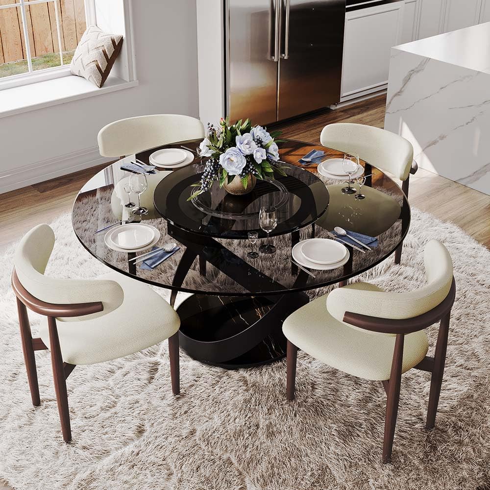 POVISON 51' Modern Round Dining Table with Lazy Susan, Glass Round Kitchen Table for 4, Tempered Glass Dining Room Table top with Black X Carbon Steel Base (Dining Table Only)