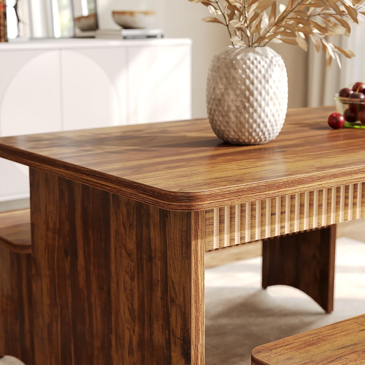 LITTLE TREE 55' Dining Table with 2 Benches, Dining Table Set for 4-6 People, Farmhouse Kitchen Table with Bench, Dining Room Table Set