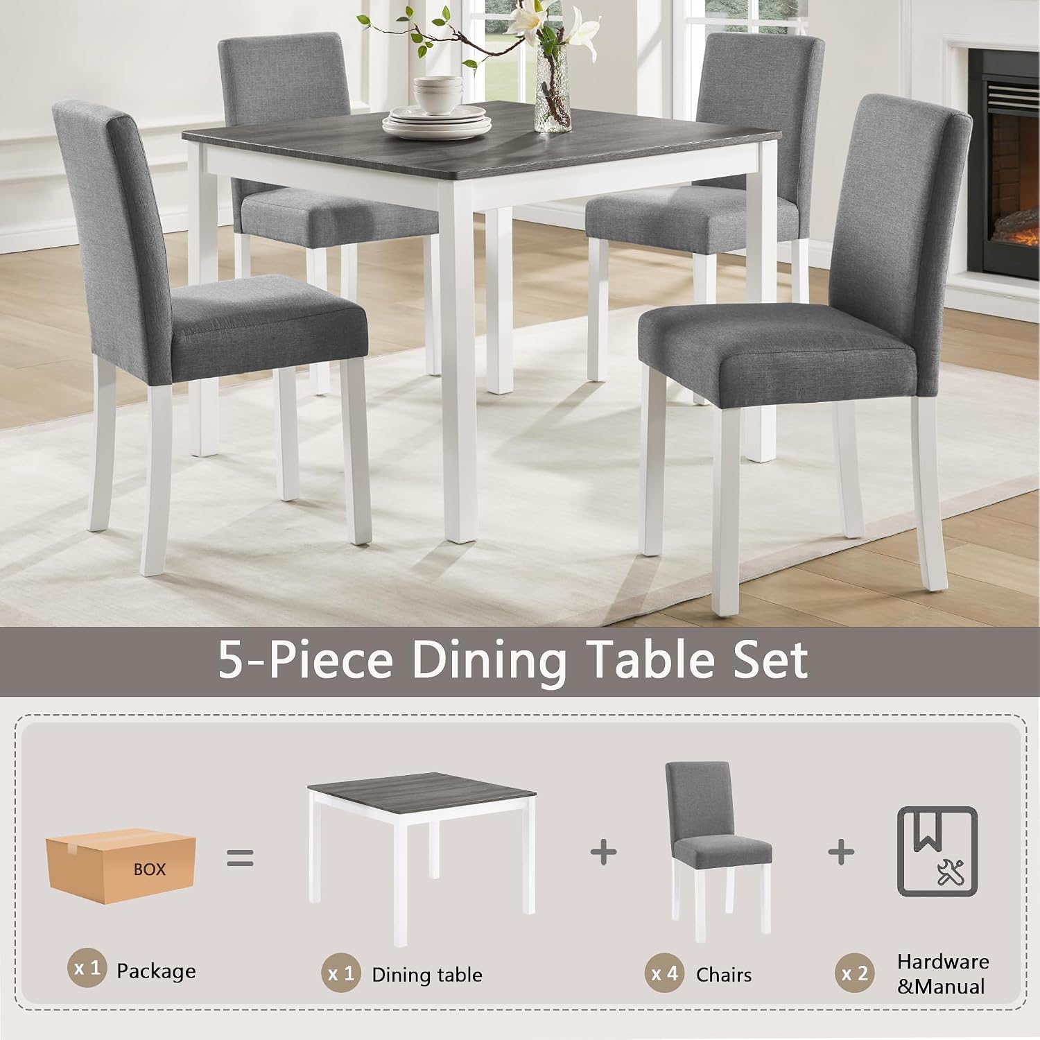 KEIKI 5-Piece Standard Height Dining Table Set with Square Table and 4 Upholstered Curved Backrset Chair, for 4 Person, Modern Wooden Table Set, Easy Assembly, for Kitchen, Dining Room, White+Gray