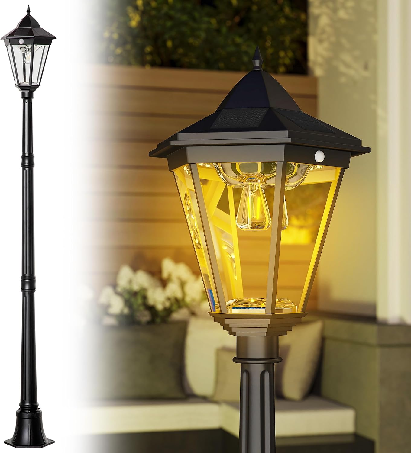 Outsunny 77' Solar Lamp Post Light, Waterproof Aluminum Outdoor Vintage Street Lamp, Motion Activated Sensor PIR, Adjustable Brightness, for Garden, Lawn, Pathway, Driveway, Black