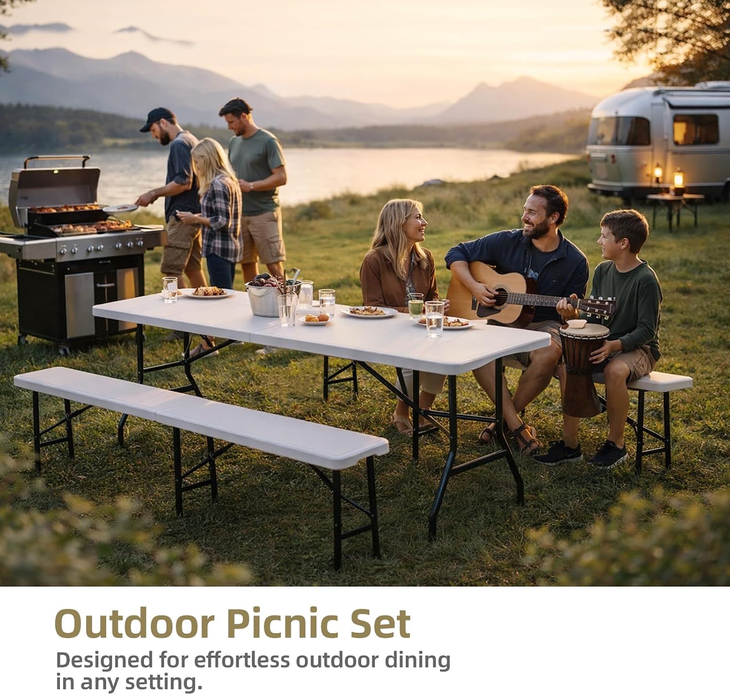 6 Feet Picnic Table Set with 2 Benches, 6ft Folding Camping Table Chair Set for Indoor Outdoor Use, 3-Piece 6 ft Portable Folding Furniture with Handles, White