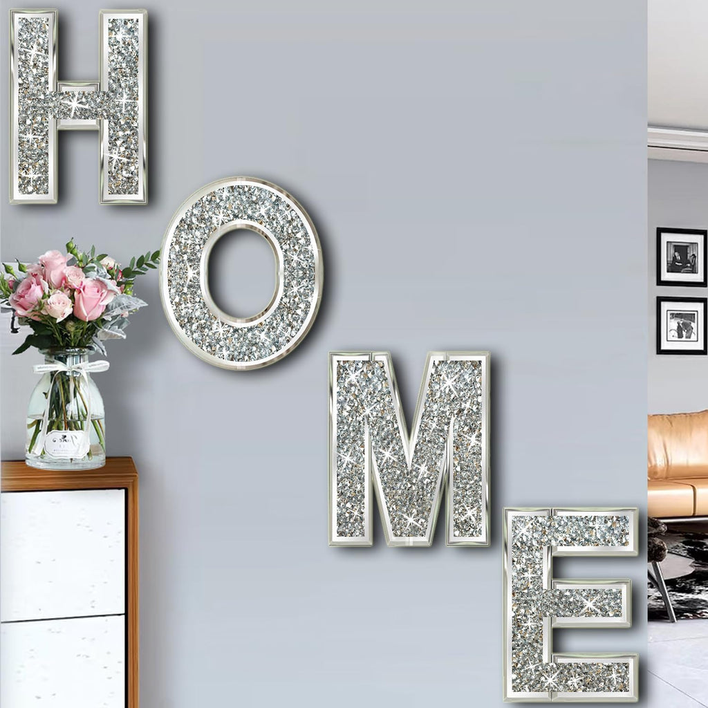 ZOLAPI 4 pcs Independent Letters Home. Crystal Diamond Letters. Silver Mirror Glass Home Decoration for Wall, Fireplace, Bookshelf and Table., 14 inch (H)