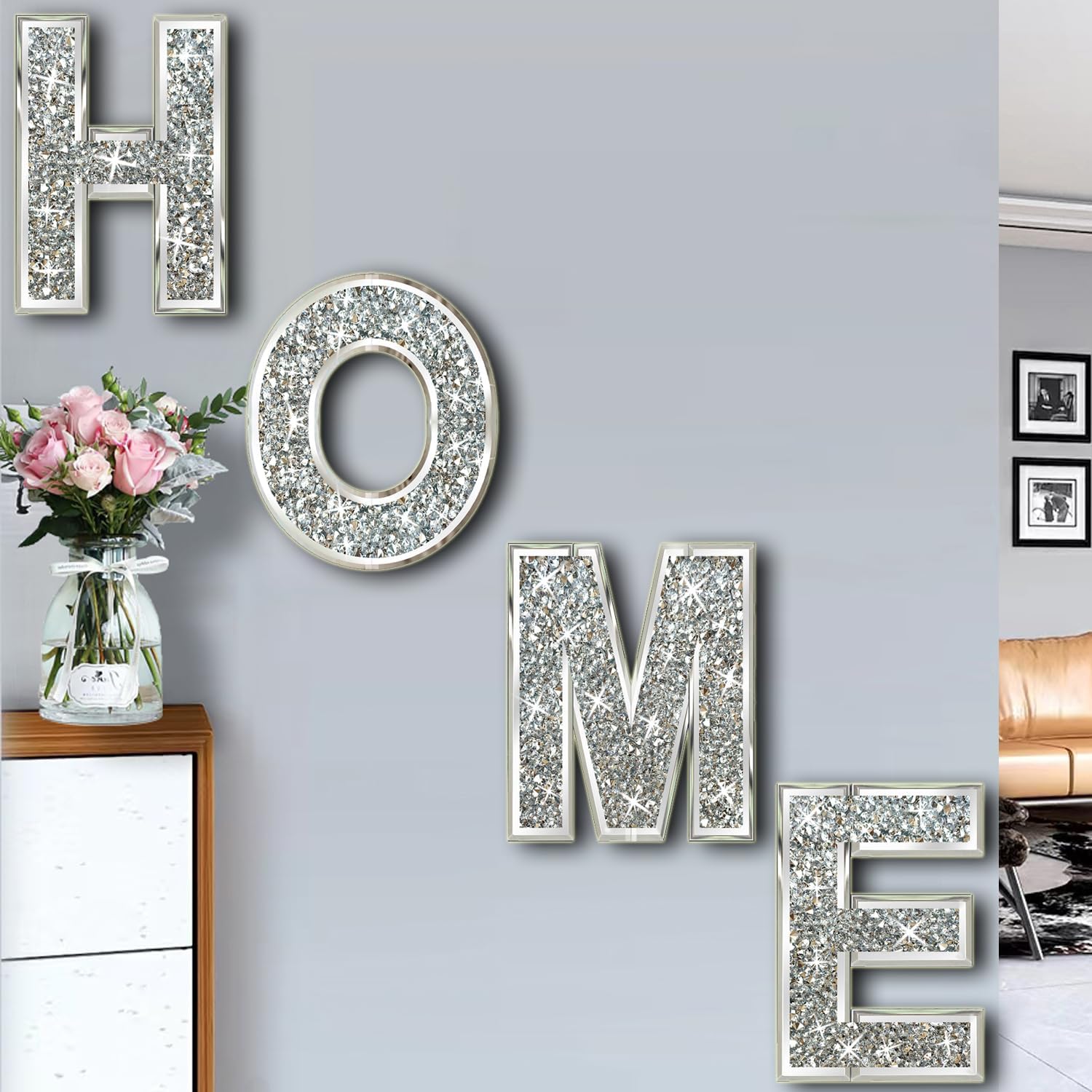ZOLAPI 4 pcs Independent Letters Home. Crystal Diamond Letters. Silver Mirror Glass Home Decoration for Wall, Fireplace, Bookshelf and Table., 14 inch (H)