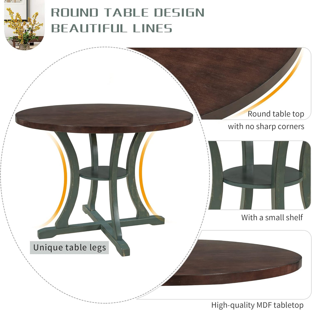 Harper & Bright Designs Retro Style Round Kitchen Dining Table Set for 4, 5 Piece Round Dining Table and 4 Fabric Chairs with Special-Shaped Table Legs and Storage Shelf, Antique Blue/Dark Brown