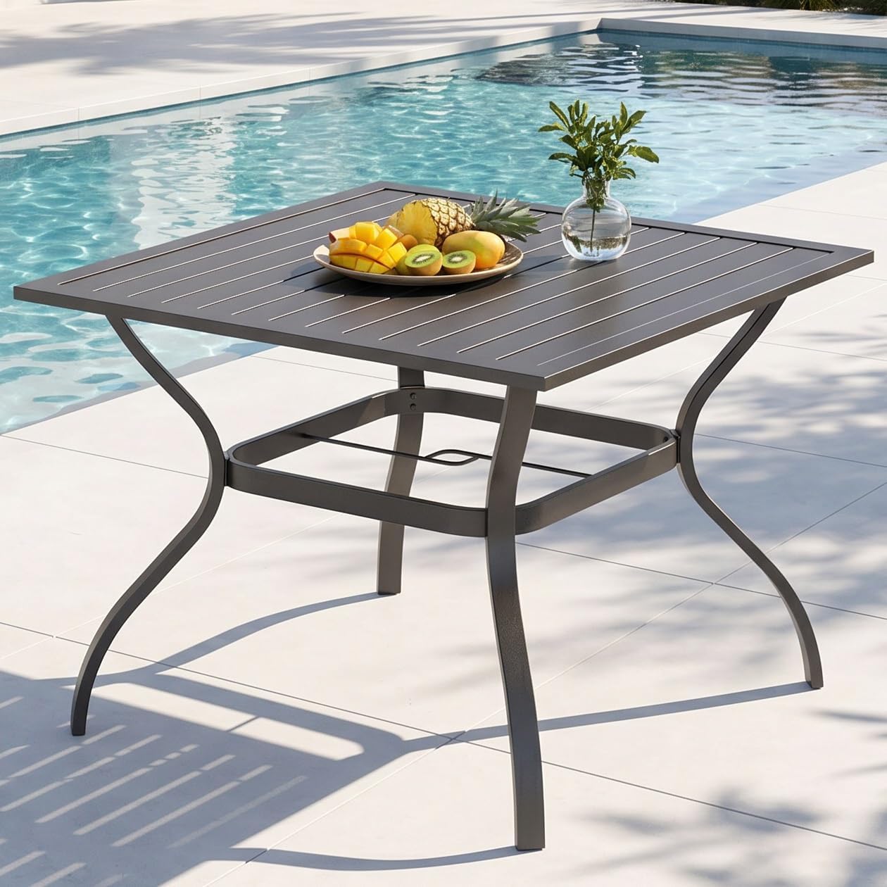 PHI VILLA 37 Inch Outdoor Dining Table Metal Steel Slat Square Patio Dining Table with 1.57' Umbrella Hole for Garden, Backyard and Porch (Classic Black)