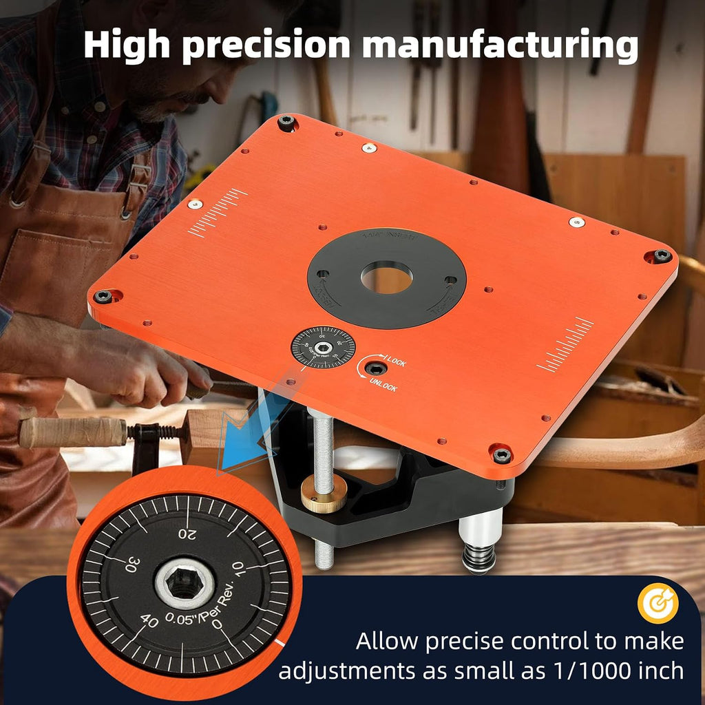 3-1/2' Router Lift System, Precision Router Table Lift for 3-1/2' Diameter Motor, 9-1/4'' x 11-3/4'' Plate 5-Piece Insert Ring Kit Compatible with Bosch, Kreg, Skil, Porter, DeWalt, Craftsman, Ridgid
