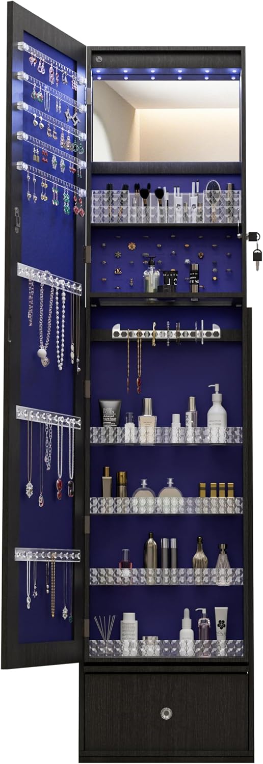 65' 360° Swivel Freestanding Storage Chest, Jewelry Cabinets with Interior Light, Utility Organizer with Lock for Home, Black