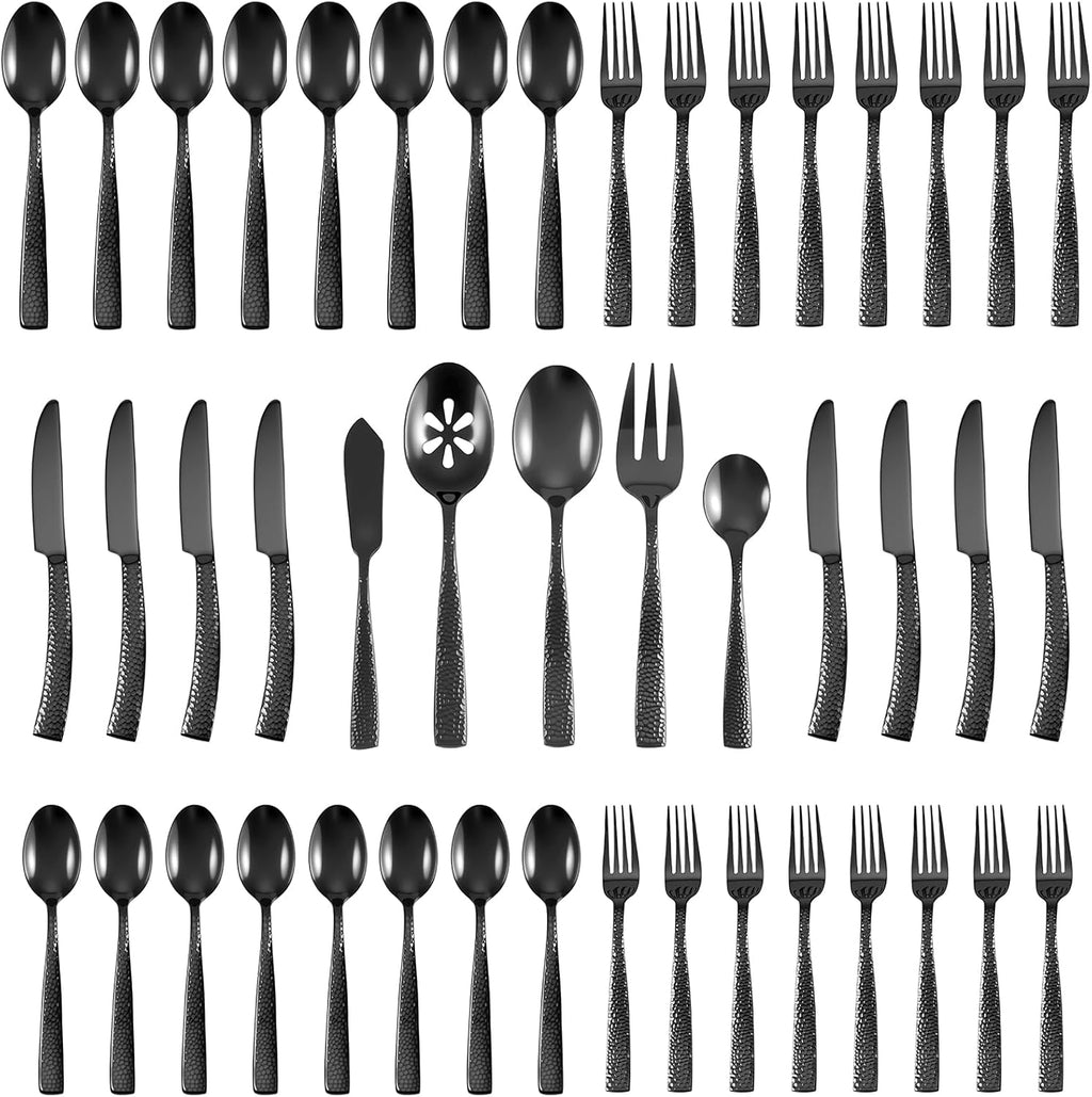 Silverware 45-Piece Black Hammered Flatware Set with Serving Utensils Stainless Steel Thick Handle Mirror Polished Cutlery Set for Wedding Hotel Restaurant, Service for 8