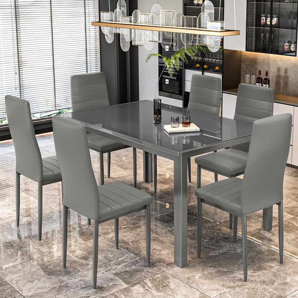 DKLGG 7-Piece Dining Table Set for 6, Tempered Glass Kitchen Table with PU Leather Chairs, Modern Dining Room Table Set for Small Space, Dinette, Apartment, Grey