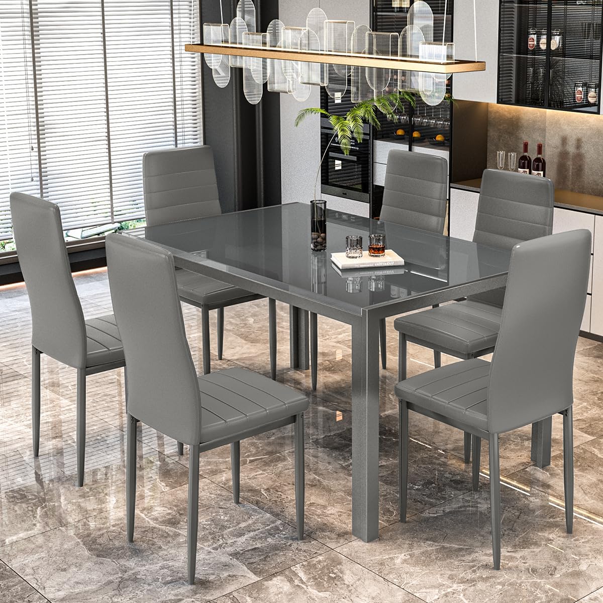 DKLGG 7-Piece Dining Table Set for 6, Tempered Glass Kitchen Table with PU Leather Chairs, Modern Dining Room Table Set for Small Space, Dinette, Apartment, Grey
