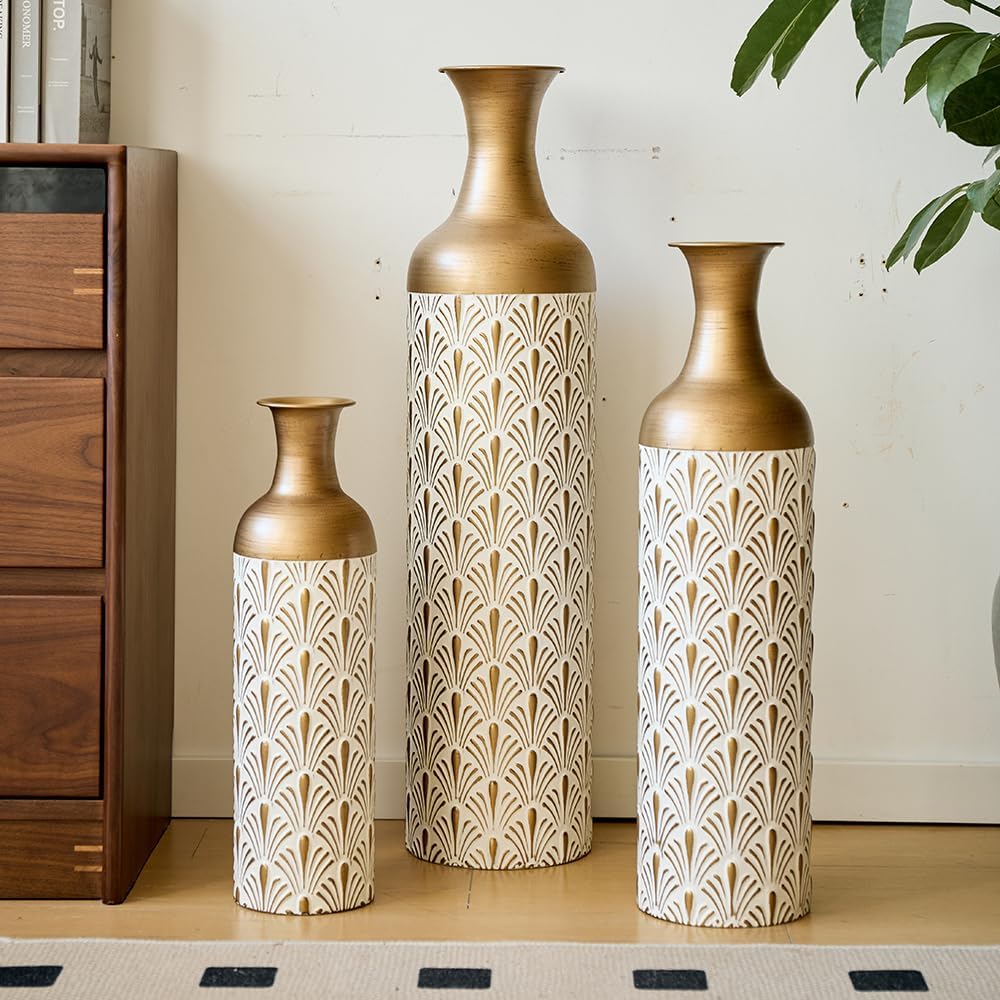 Floor Metal Decorated Vases Set of 3 for Gorgeous Home Decoration Large Glazed Metal Vases (Antique Brass+White)