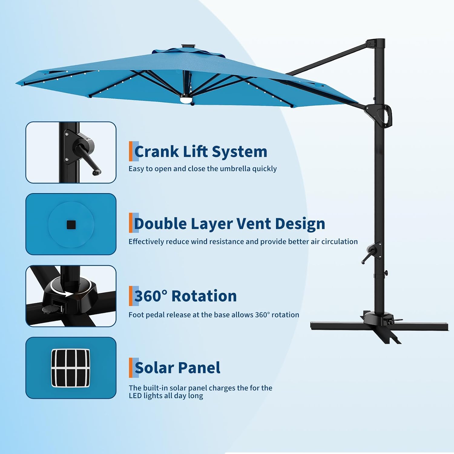 Garvee 10 ft Cantilever Patio Umbrella with Solar Lights, 360°Rotation Offset Umbrella, Easy Crank & Tilt Adjustment, UV Protection for Backyard, Poolside, Deck -Turquoise