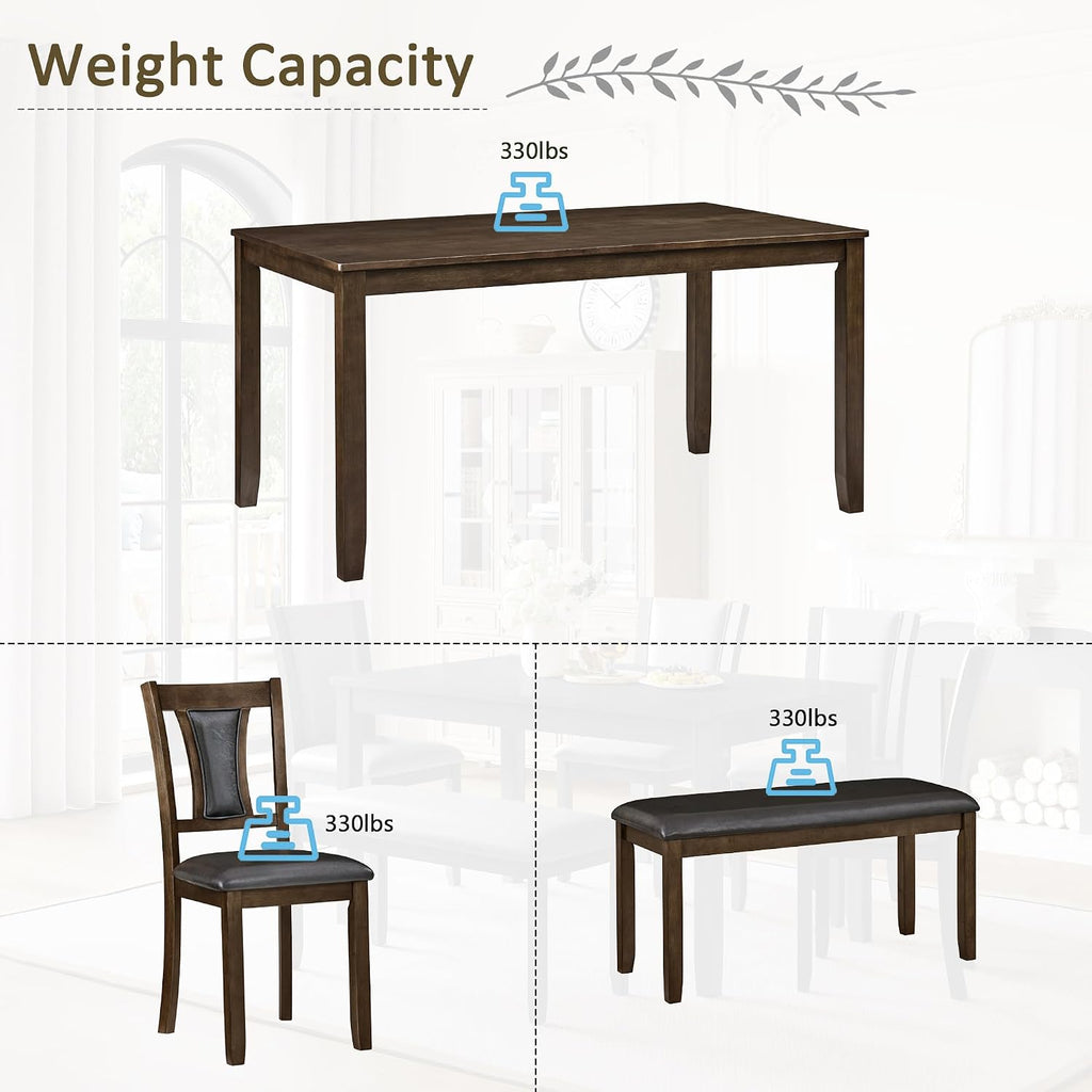 LUMISOL 6-Piece Modern Dining Table Set with Upholstered Chairs of 6, Wooden Rectangular Table for 6-7 People, Farmhouse Kitchen Table Set with Bench for Restaurant, Walnut
