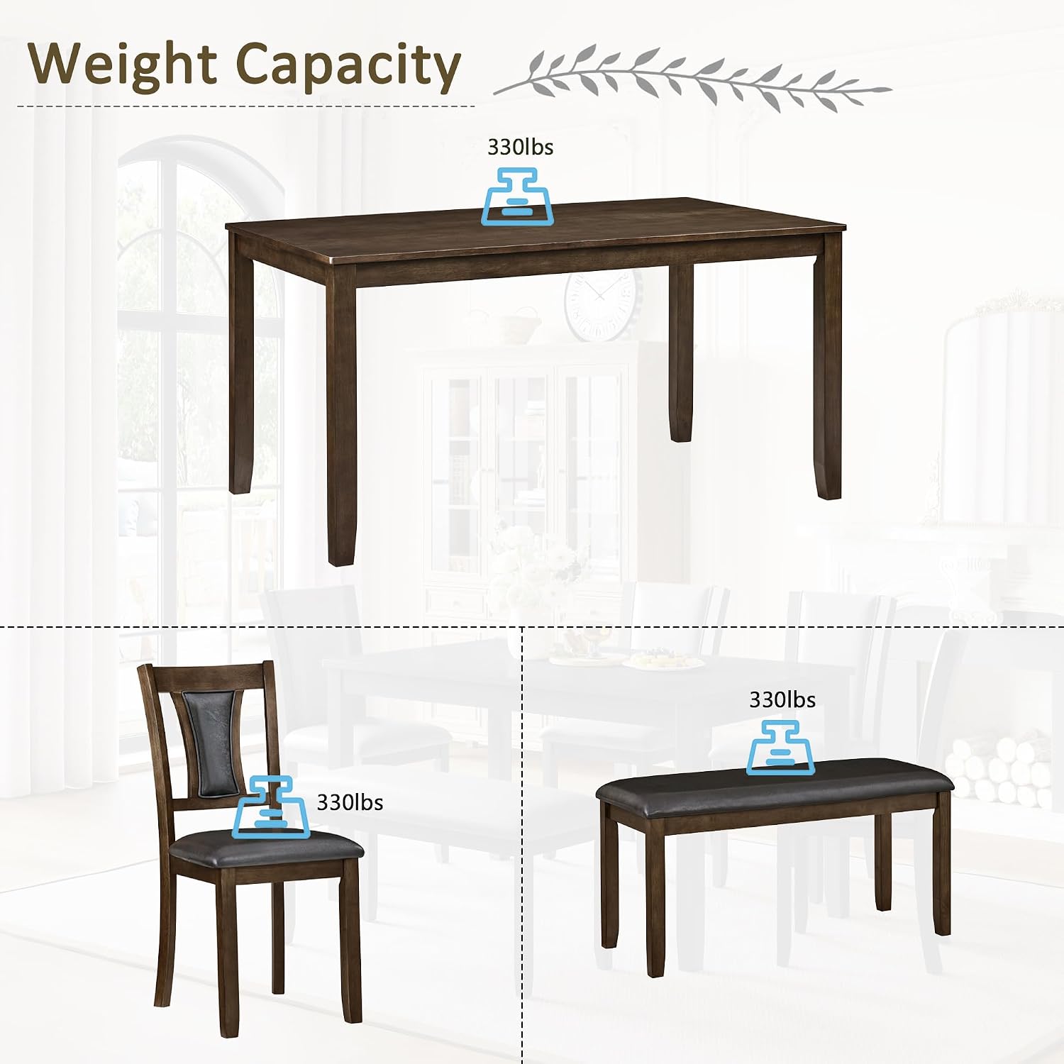 LUMISOL 6-Piece Modern Dining Table Set with Upholstered Chairs of 6, Wooden Rectangular Table for 6-7 People, Farmhouse Kitchen Table Set with Bench for Restaurant, Walnut