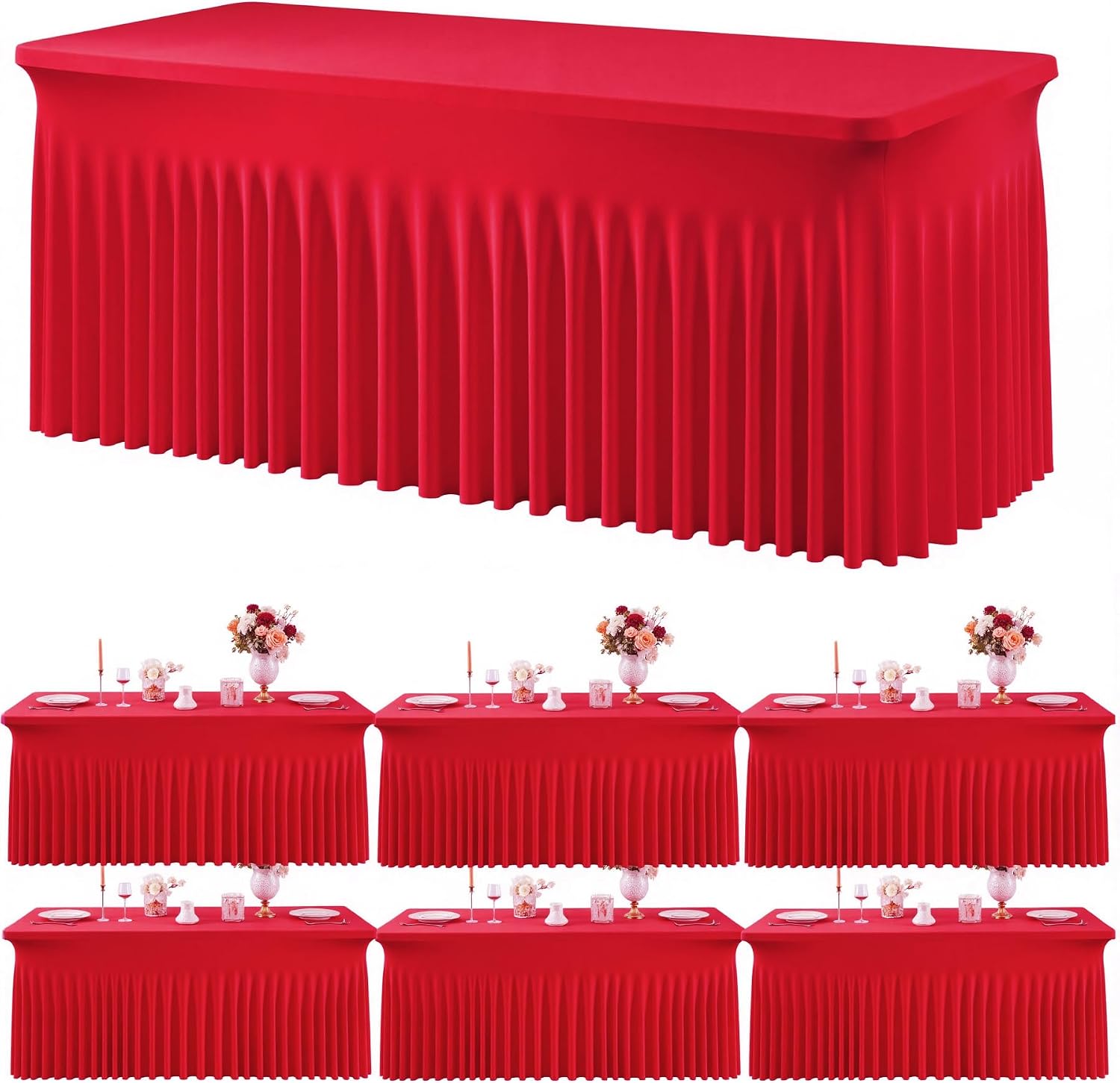 Outpain 6ft Spandex Polyester Blend Tablecloth for Standard Folding Tables - 6 Pack Red Table Protector for Party, Wedding, Banquet, Festival