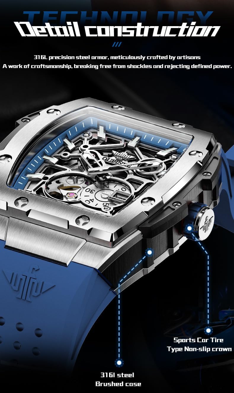OLEVS Men Watches Business Dress Chronograph Big Square Quartz Analog Male Watch Silicone Strap Waterproof Date Gift Mens Wrsit Watch Silver