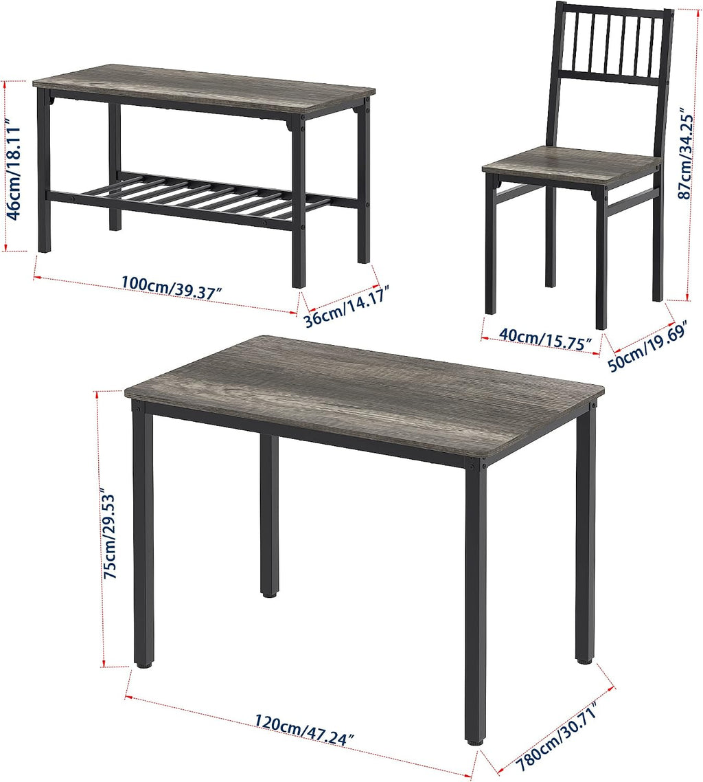 Teraves Dining Table Set for 4/Computer Desk,Kitchen Table with 2 Chairs and a Bench,Table and Chairs Dining Set 4 Picce Set for Dining Room (Black Oak+Black Frame,120CM)