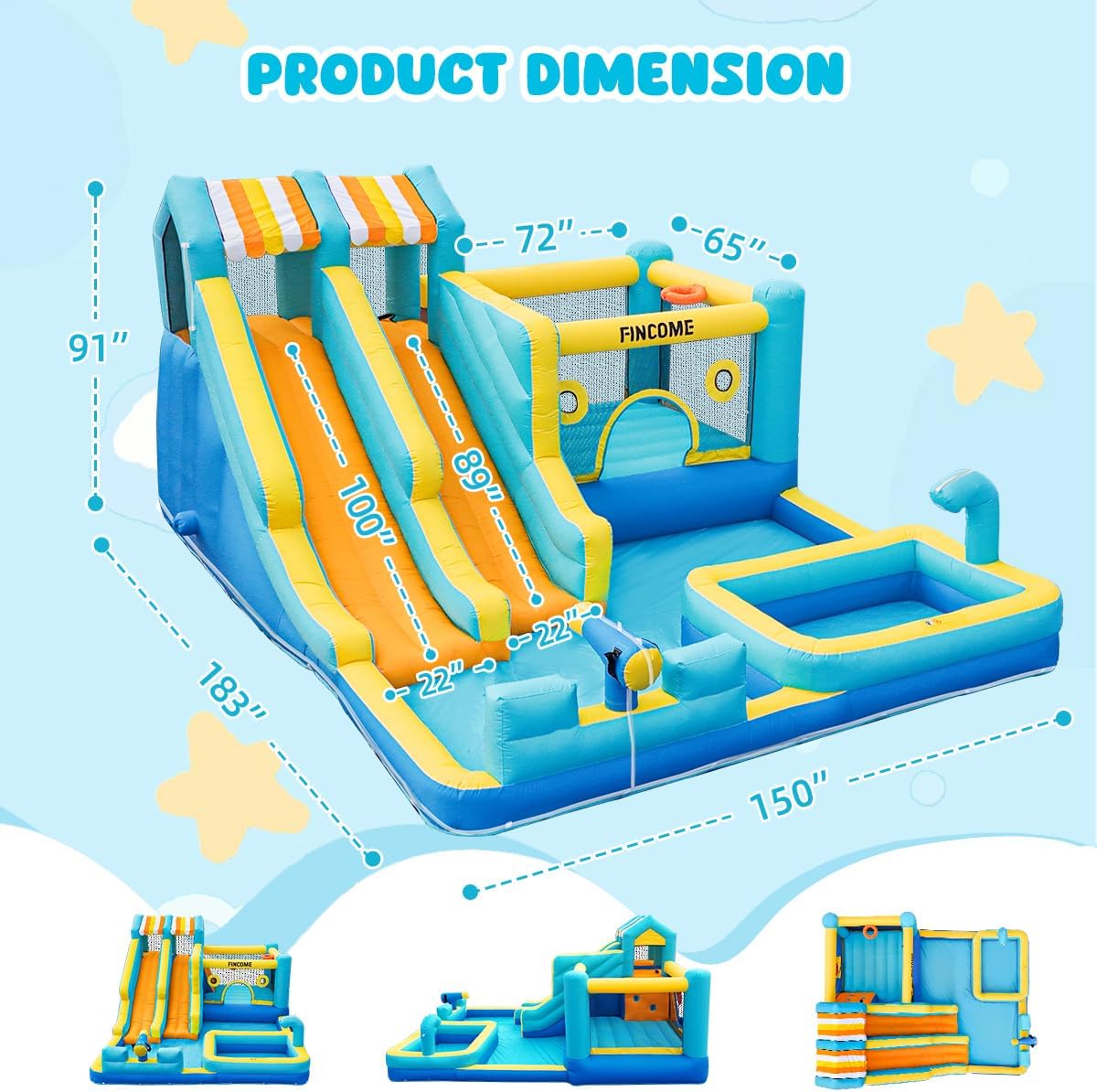 FINCOME Inflatable Bounce House, 10 in 1 Double Water Slide Bounce House with 750W Blower, Climbing Wall, Jumping, Water Gun, Splash Pool, Basketball Hoop for Kids Indoor Outdoor Backyard