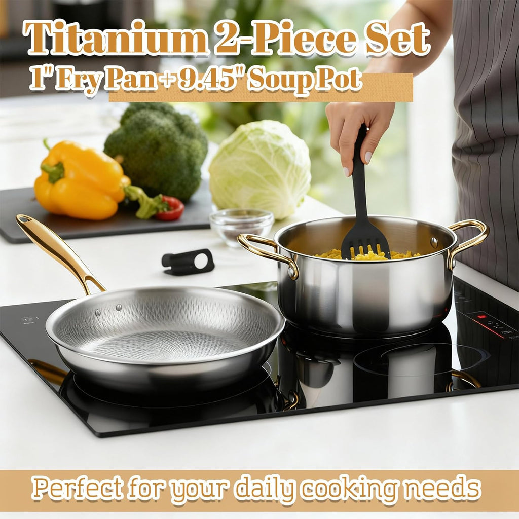 LemonRoad 2 Pieces Titanium Cookware Set, 11'' and 9.45'' Pots and Pans with Lids Triply Titanium No Coat Technology Safe for Oven, Induction and Cook Tops, Dishwasher Safe (Pan and Soup Pot)