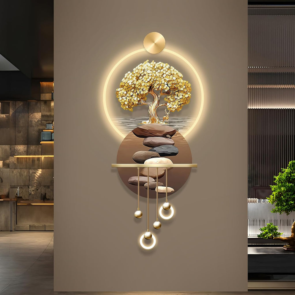 3D Art Wall Decor with Light, Art 3D Decor Wall Sculptures LED Modern Home Decors Picture Walls Light Chinese, Plug-in Power Supply, Gold T, 23x53IN