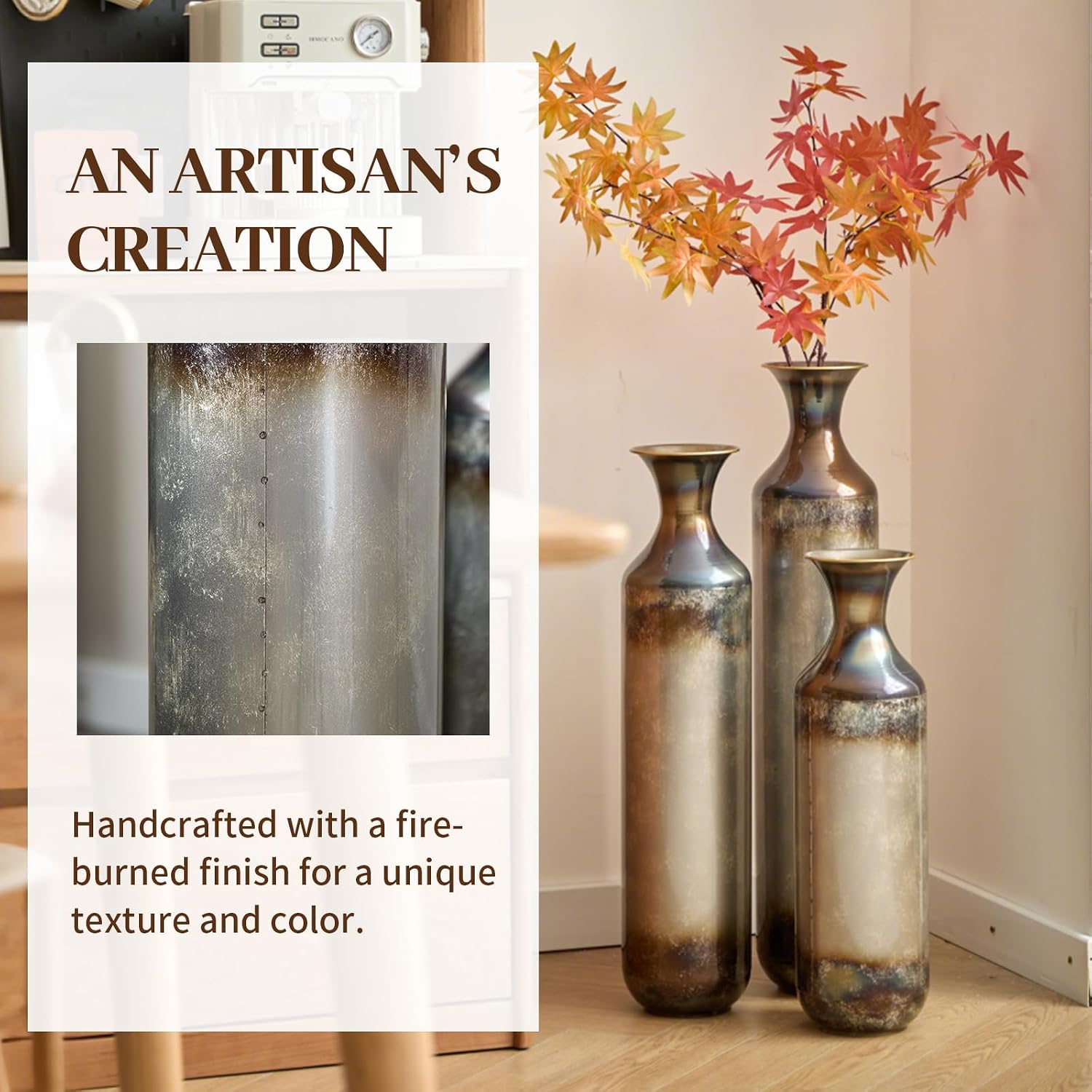 Floor Metal Decorated Vases Set of 3 for Gorgeous Home Decoration Large Glazed Metal Vases (Gold+Metal)