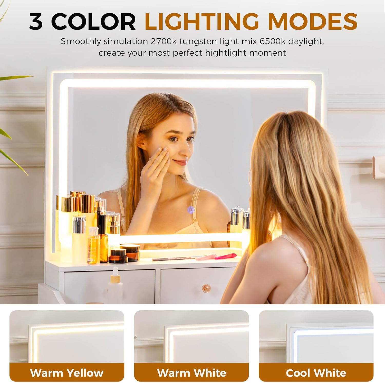 COMHOMA Makeup Vanity Desk with Mirror and Lights, Vanity Table and Chair Set with 5 Drawers and Charging Station, Bedroom Dresser LED Mirror Stepless Dimmable & 3 Color Modes Adjustable, Pearl White