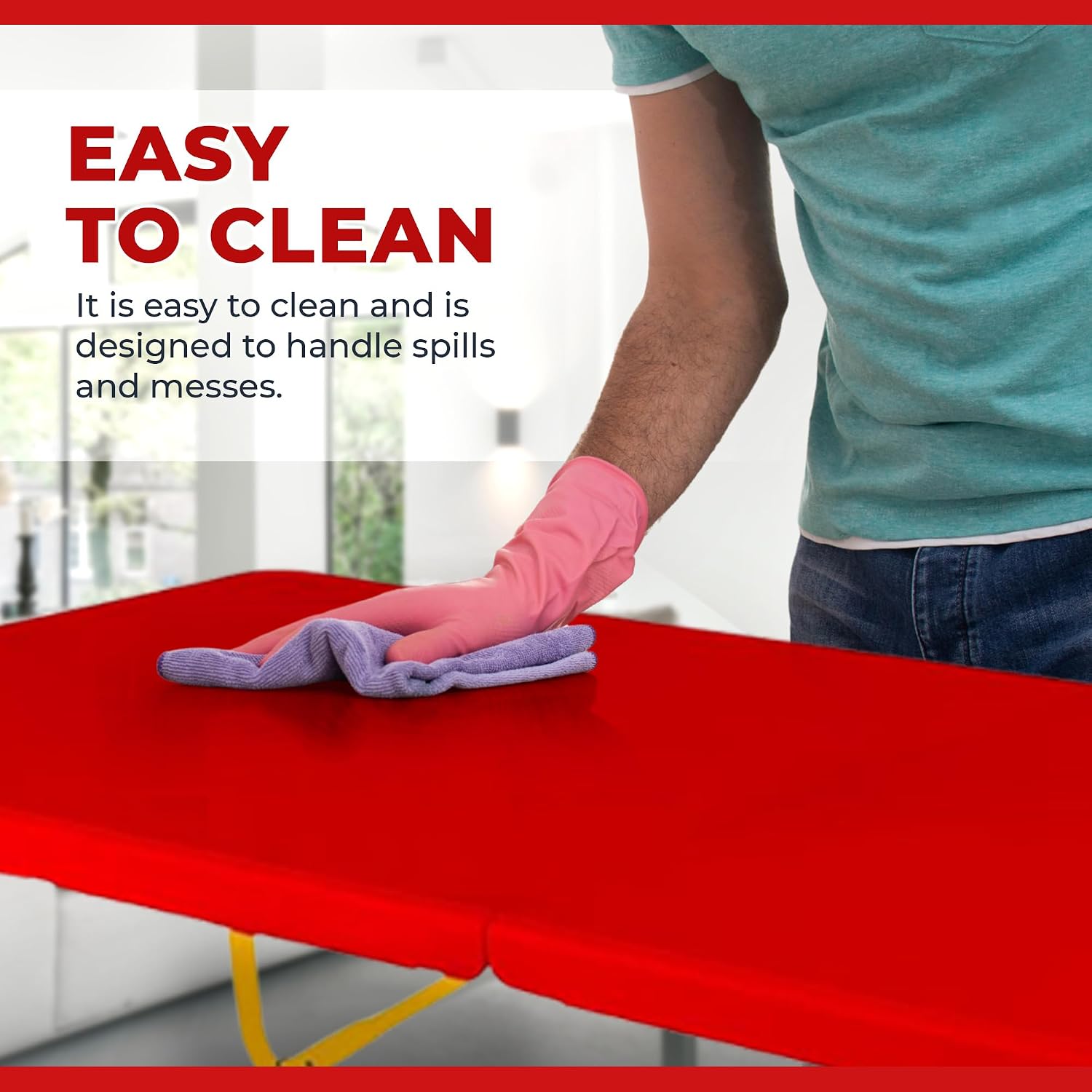 6Ft Rolling Folding Table with Built-in Wheels, Durable Plastic, Team Colors, Easy to Carry, Perfect for Camping, Picnic, Tailgating, Party, Indoor/Outdoor Use (Single Table, Yellow & Red)