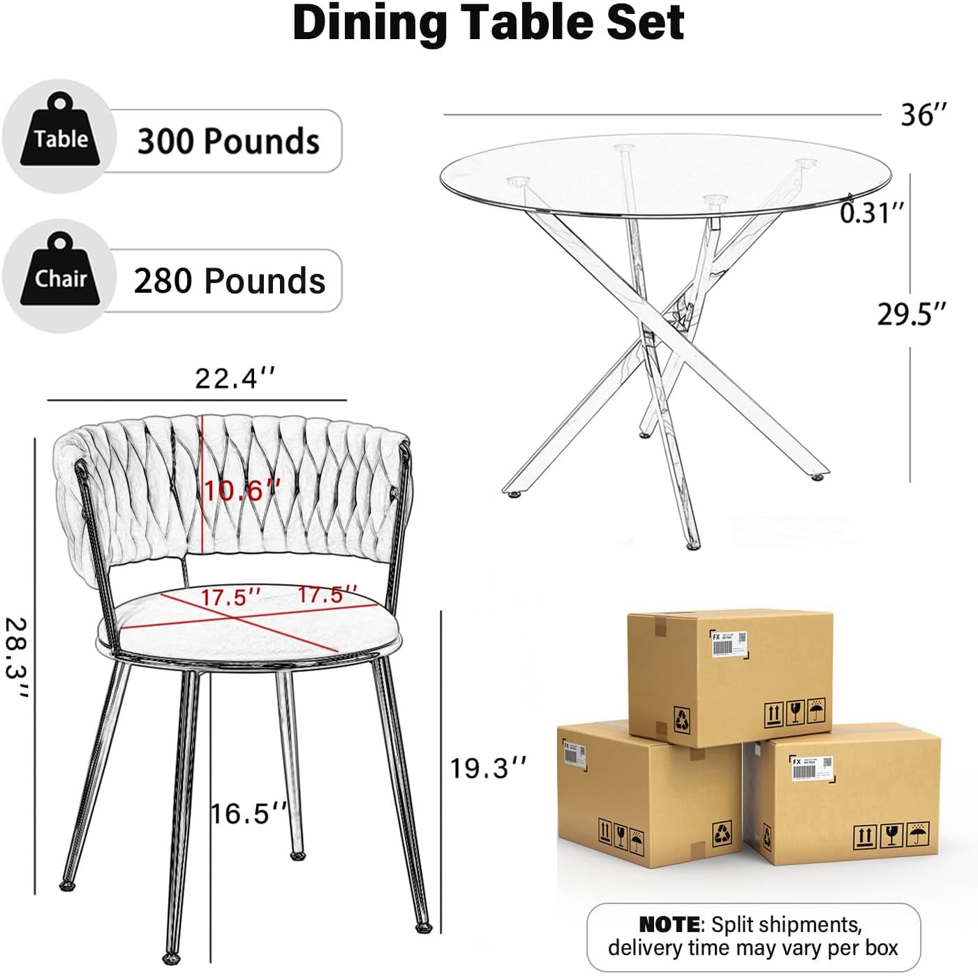 Round Glass Dining Table Set for 4, 36'' Small Circle Glass Kitchen Table with 4 Luxury Grey Gold Velvet Dining Chairs, 5-Piece Dining Room Table Set for Small Place(Gold Base)