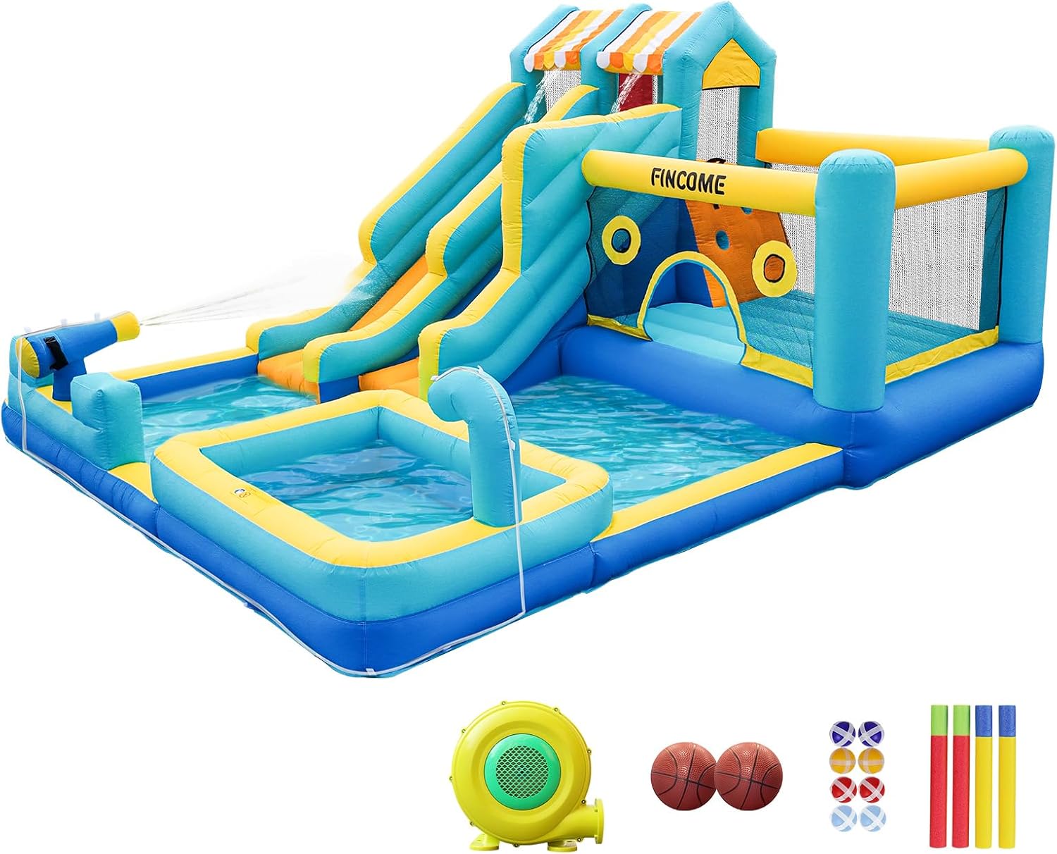 FINCOME Inflatable Bounce House, 10 in 1 Double Water Slide Bounce House with 750W Blower, Climbing Wall, Jumping, Water Gun, Splash Pool, Basketball Hoop for Kids Indoor Outdoor Backyard