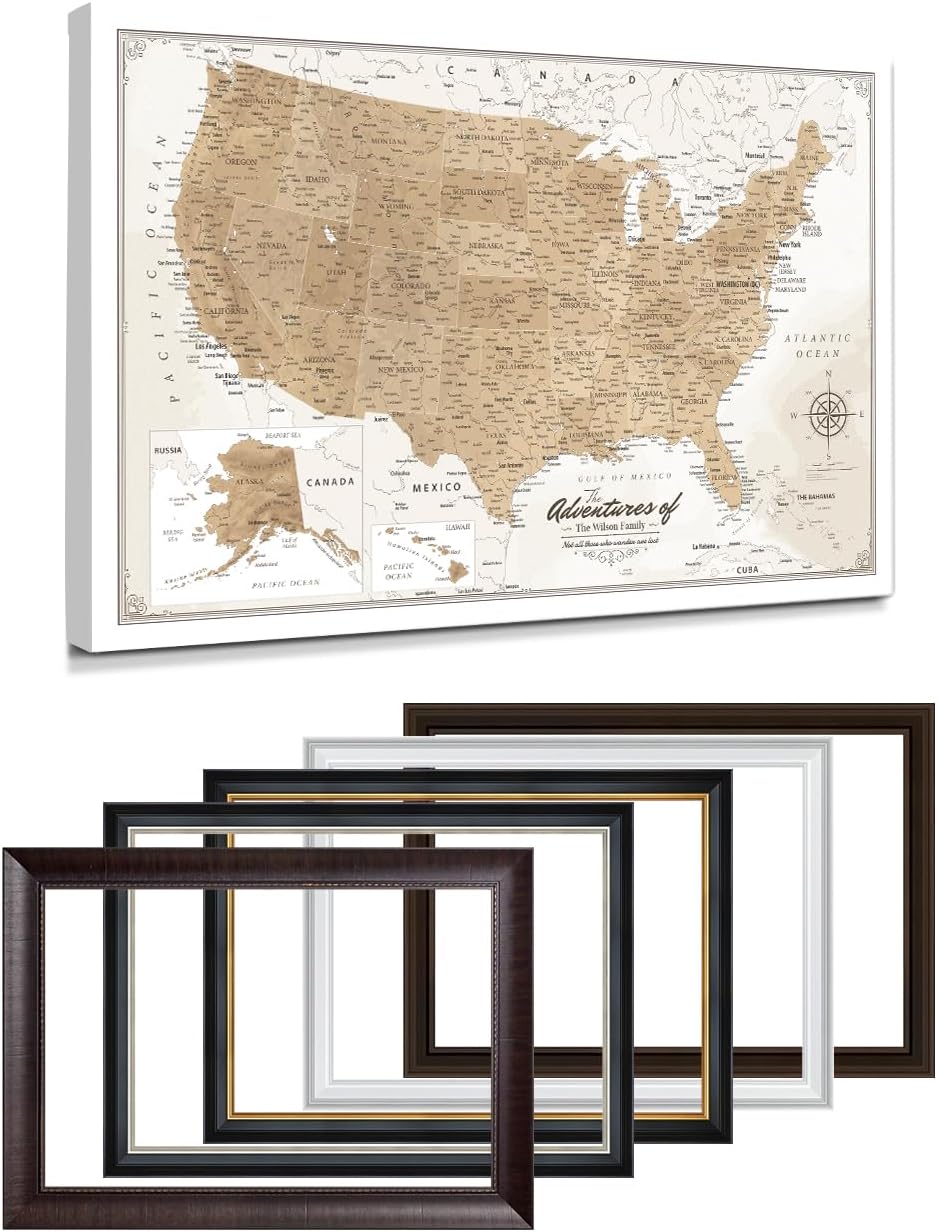 IPIC - Custom Canvas USA Map for Wall Decor, Push Pin Board Decor to Mark Travels, Personalized Artwork with Names and Message on, Oversize USA Travel Map Print for Home, Office, Study, and RV