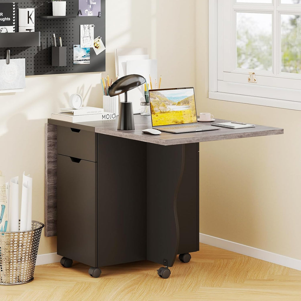 Giantex 3-in-1 Folding Dining Table for 4-6, 69-Inches Drop Leaf Kitchen Table with 2 Drawers and 2 Cabinets, Lockable Wheels, Foldable Dinner Tables for Small Spaces, Dinette (Black+Oak)