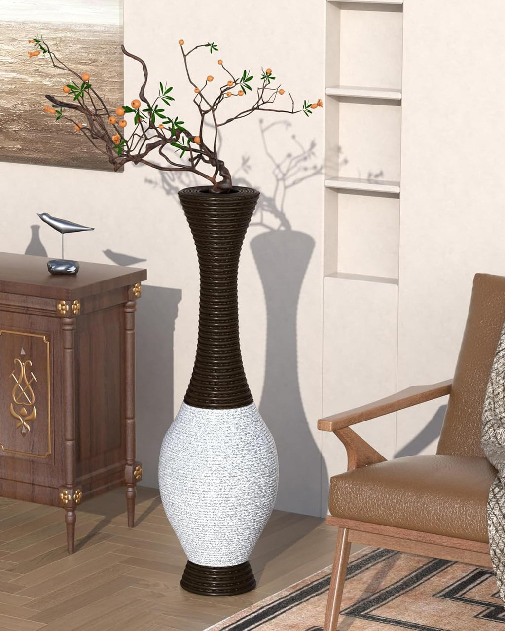 40' Tall Large Rattan Standing Floor Vase Modern Decorative Accent Flower Holder Floor Vase for Living Room Entryway Dining Room Stylish Home Décor Statement Piece (White+Brown)