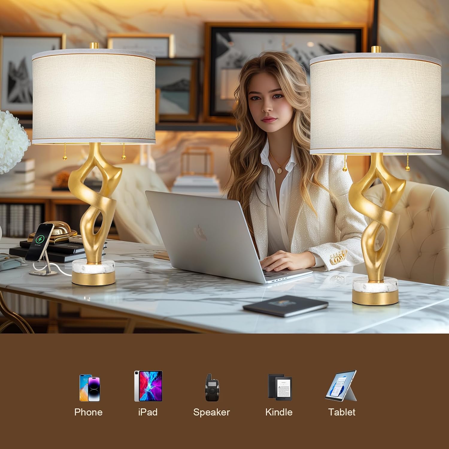 Scenekoy Sculptural Table lamp Set of 2 for Living Room with Marble Base & USB Ports, Gold Leaf Finish Rustic Bedside Lamps with S Cluster Pull Chains Switch, Nightstand Lamp for Office Hotel Bar