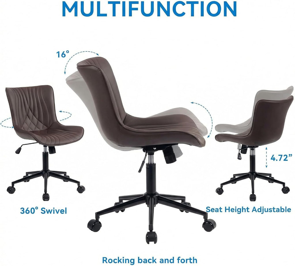 YOUNIKE Office Chair Brown, Armless Desk Chair with Wheels, Home Office Task Chairs, Modern Faux Leather Upholstered Adjustable Swivel Rocking Chair with Back