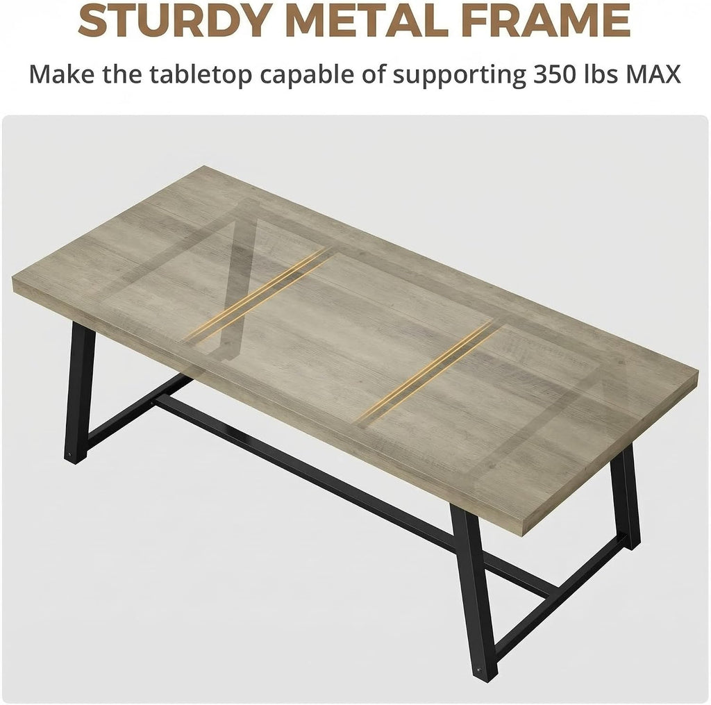 IRONCK 71' Dining Table for 6-8 People, Industrial Kitchen Table with Sturdy Metal Frame, Rectangular Grey Wood Dinner Table for Dining Room