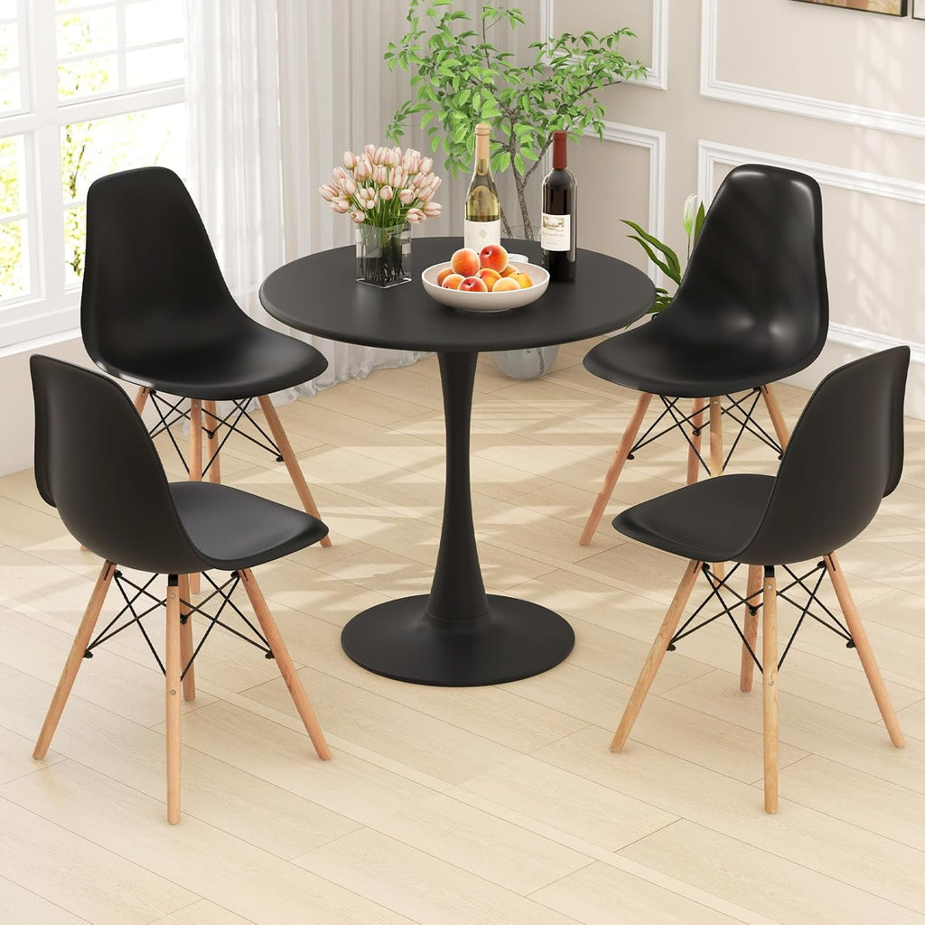 Tangkula Round Dining Table Set for 4, Kitchen Table Set with Seat & Solid Wood Legs, Round Kitchen Table and Chairs for Small Space, Black