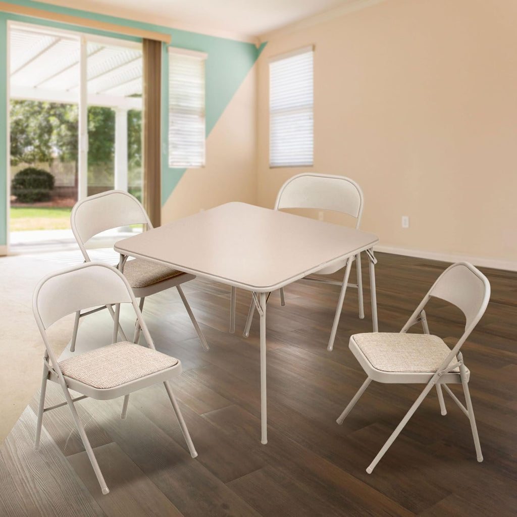 MECO Sudden Comfort 5 Piece 34 x 34 Inch Square Folding Dining Card Table with 4 Padded Folding Chairs Furniture Set for Gatherings and Games, Tan