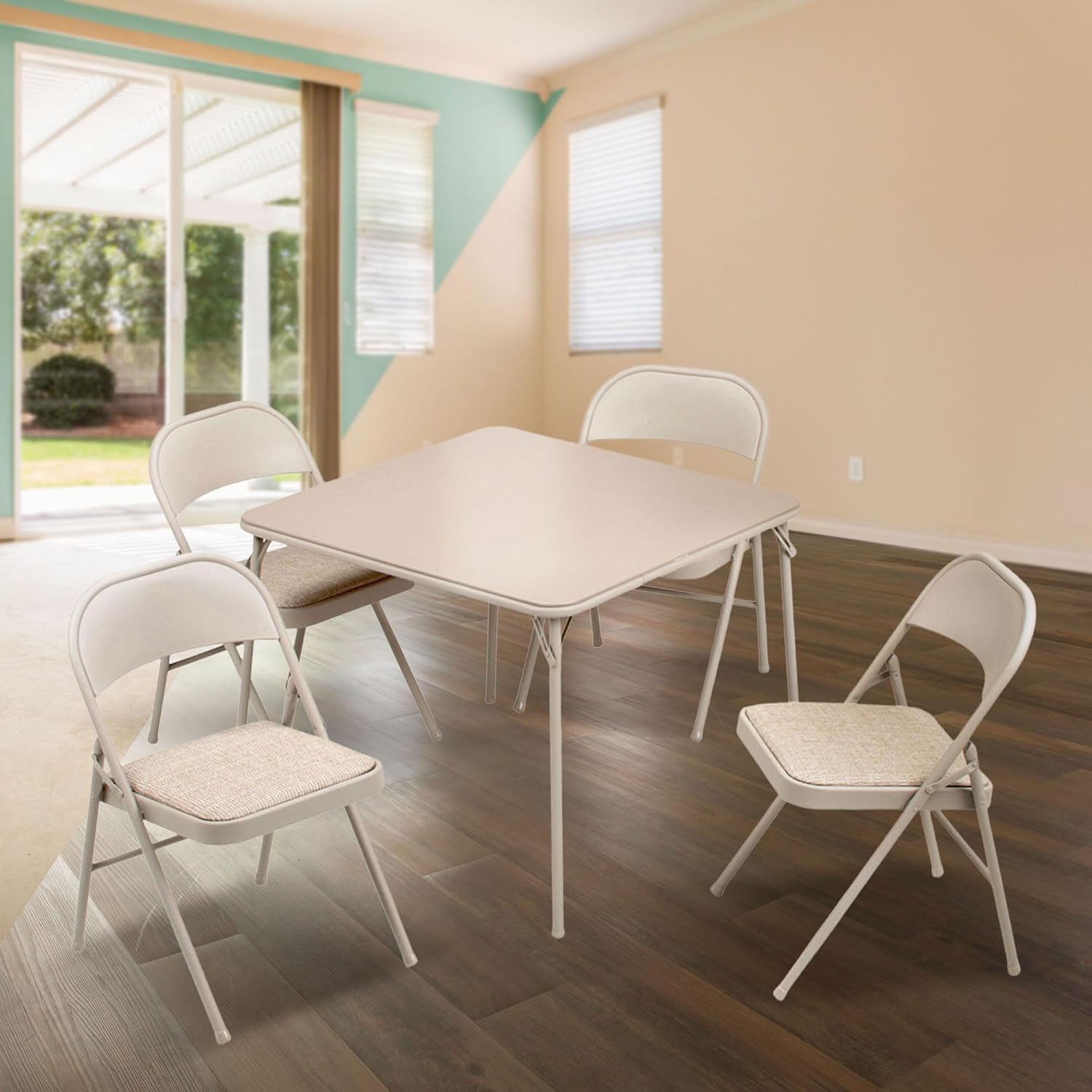 MECO Sudden Comfort 5 Piece 34 x 34 Inch Square Folding Dining Card Table with 4 Padded Folding Chairs Furniture Set for Gatherings and Games, Tan