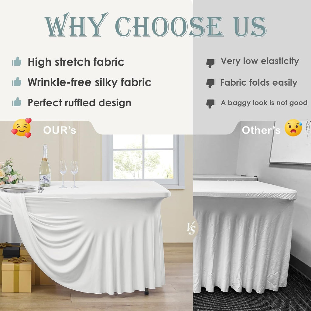 CO-AVE 8pack Ivory Spandex Tablecloths 6ft for Rectangle Tables, Wrinkle Free Classy Table Skirt Stretchy 6 Foot Fitted Table Cloths Covers for Weddings Birthday Party Events Banquette Baby Shower