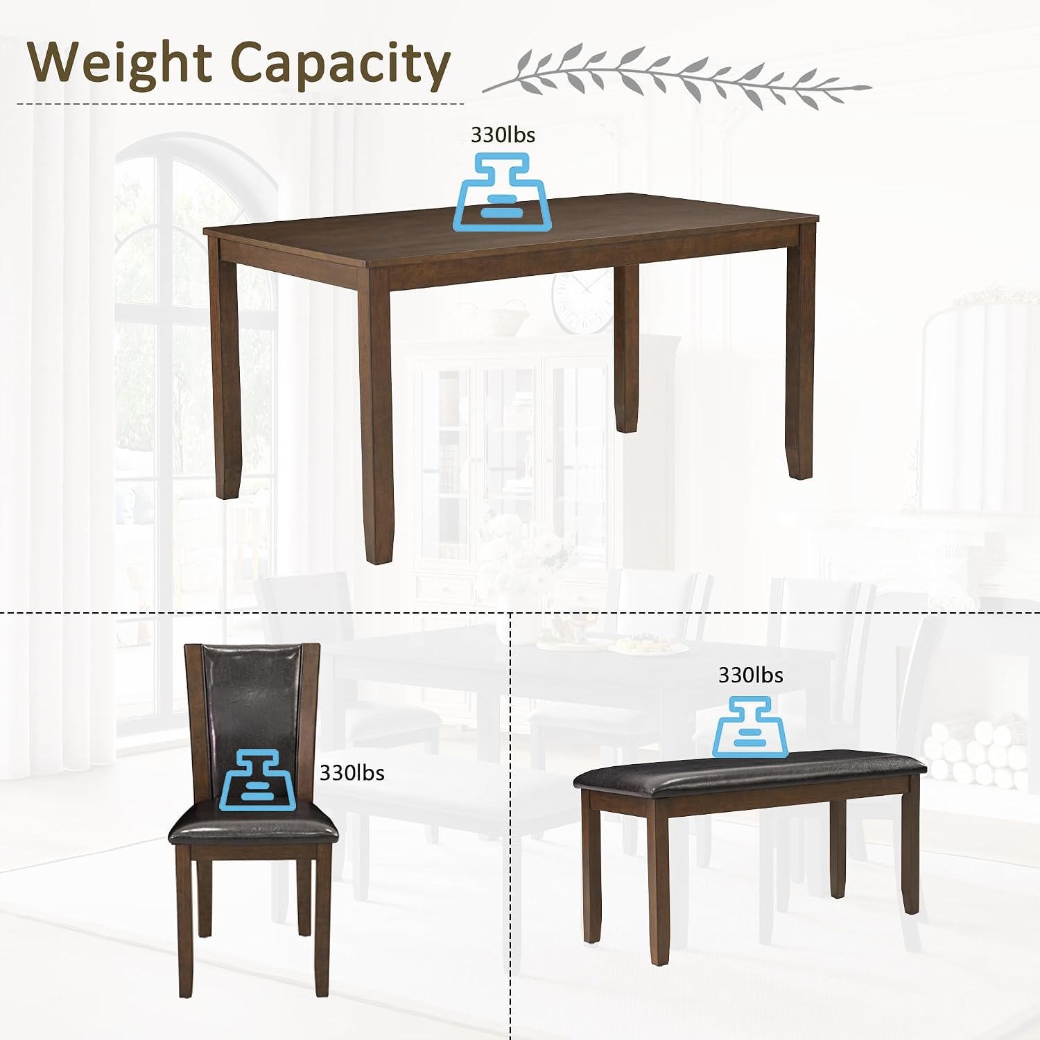 LUMISOL Farmhouse Dining Table Set for 6, Solid Wood Kitchen Table Set with 4 Upholstered Chairs and Bench for Kitchen, Dining Room, Dark Walnut
