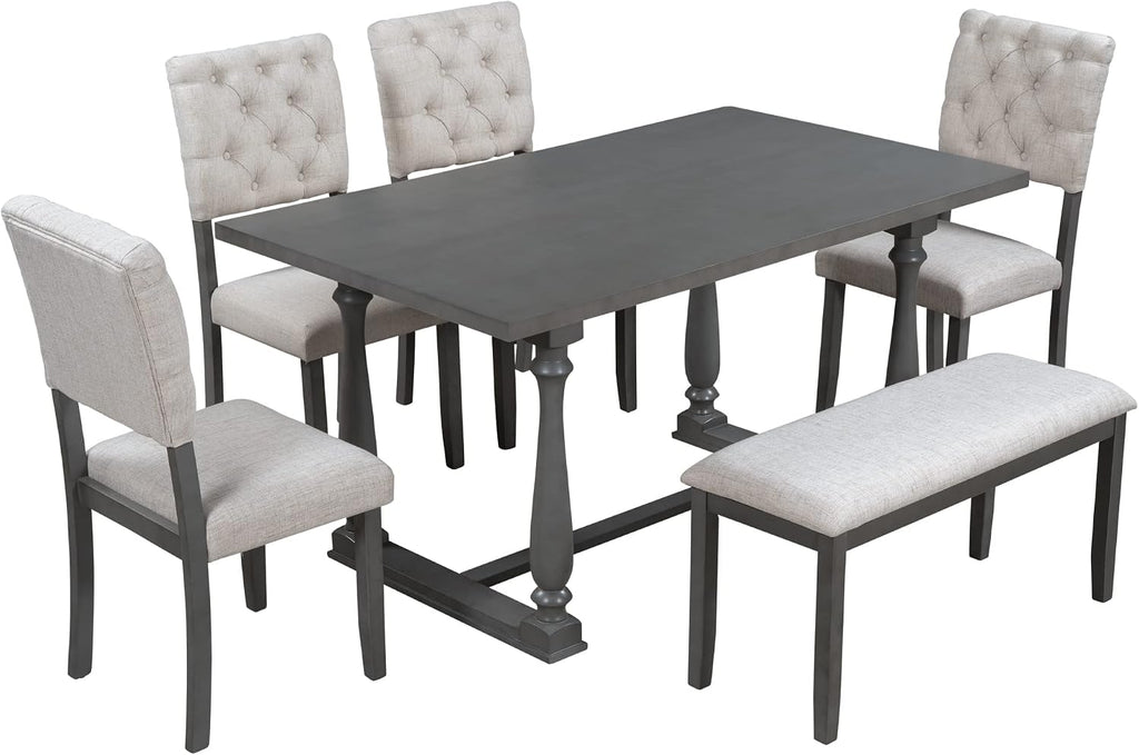 6 Pieces Dining Table Chair Set, Rectangle Dining Table with 4 Upholstered Chairs & a Bench, Wood Kitchen Table Chairs Set for 6 Persons, Modern Style Dining Room Set (Gray+ Beige)