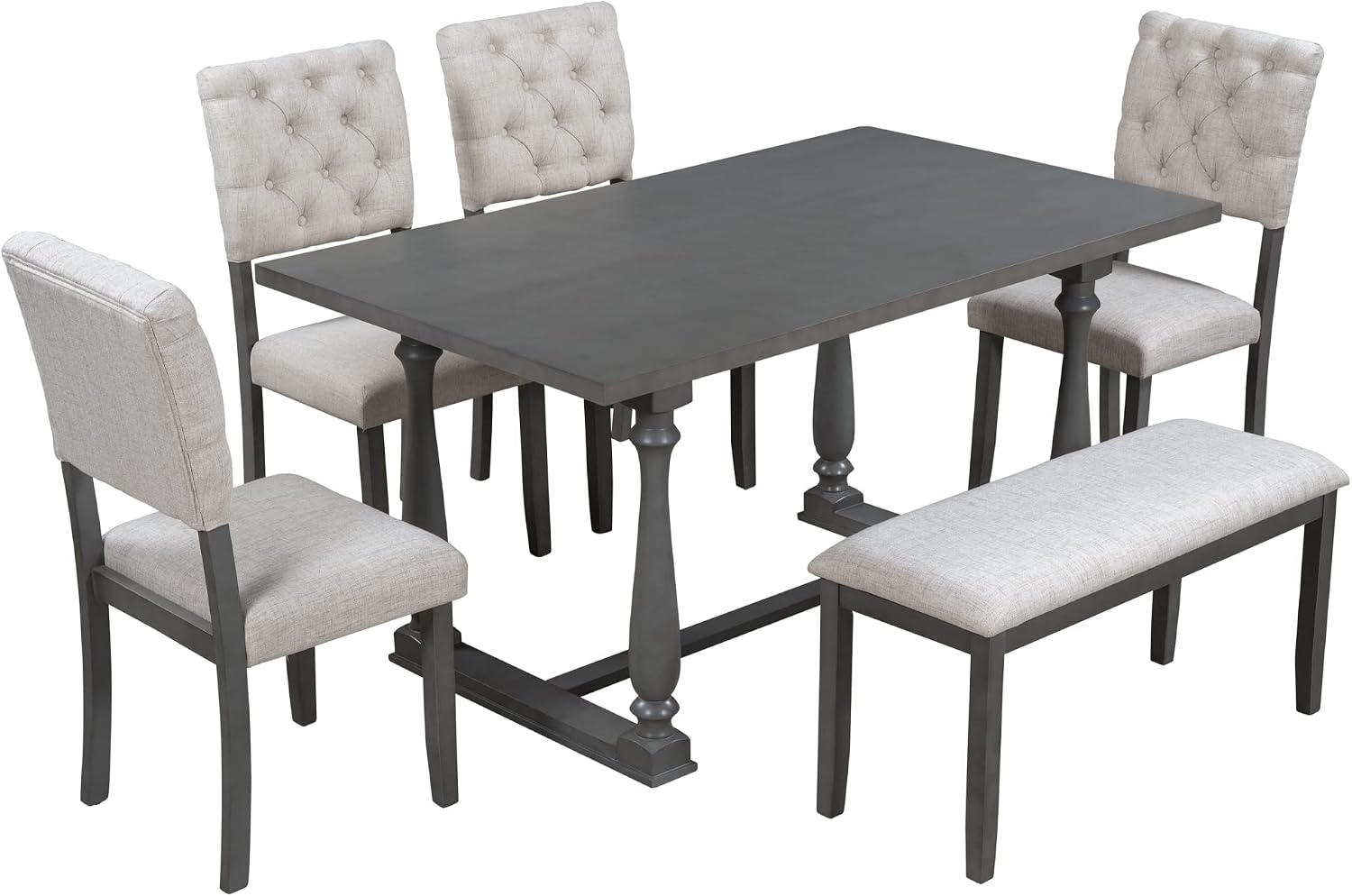 6 Pieces Dining Table Chair Set, Rectangle Dining Table with 4 Upholstered Chairs & a Bench, Wood Kitchen Table Chairs Set for 6 Persons, Modern Style Dining Room Set (Gray+ Beige)