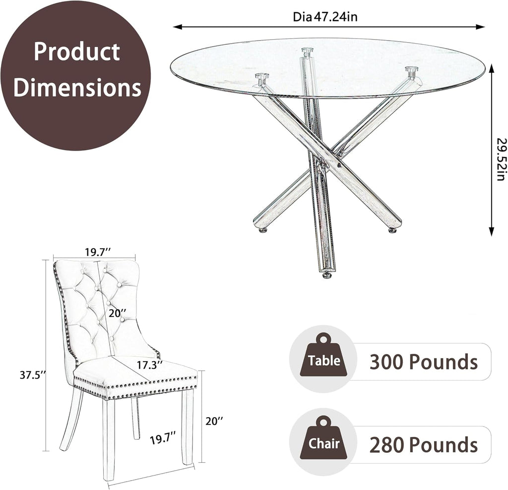 5 Piece Golden Luxury Round Glass Dining Set, Modern Minimalist Circle Kitchen Table Set for 4, 47'' Clear Circular Glass Top Dinner Room Set, Black High-end Tufted Chairs, for Large Place