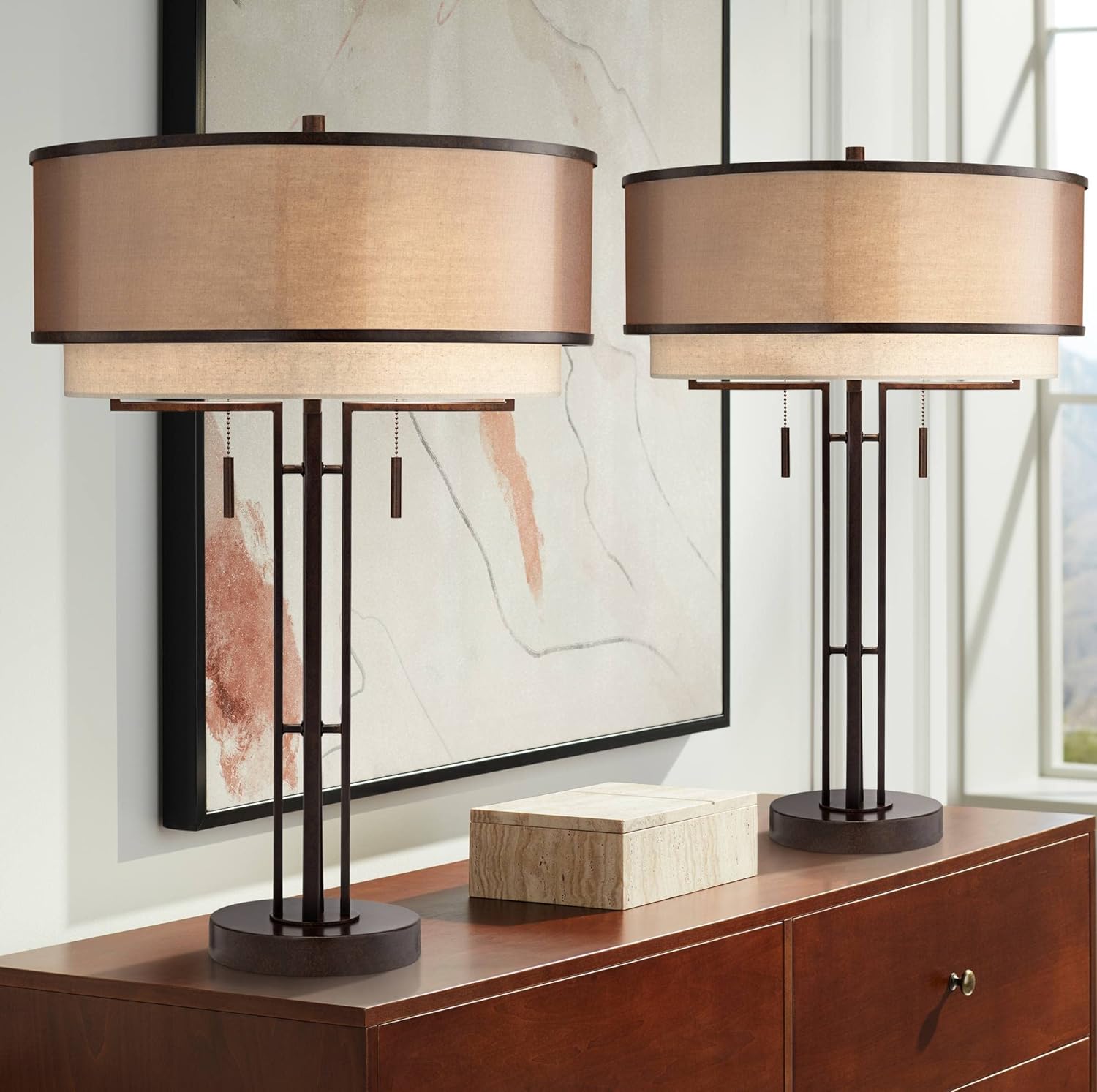 Franklin Iron Works Andes 27 1/2' Tall Industrial Rustic Modern Table Lamps Set of 2 Pull Chain Brown Oil Rubbed Bronze Finish Metal Double Shade Living Room Bedroom Bedside Nightstand House Office