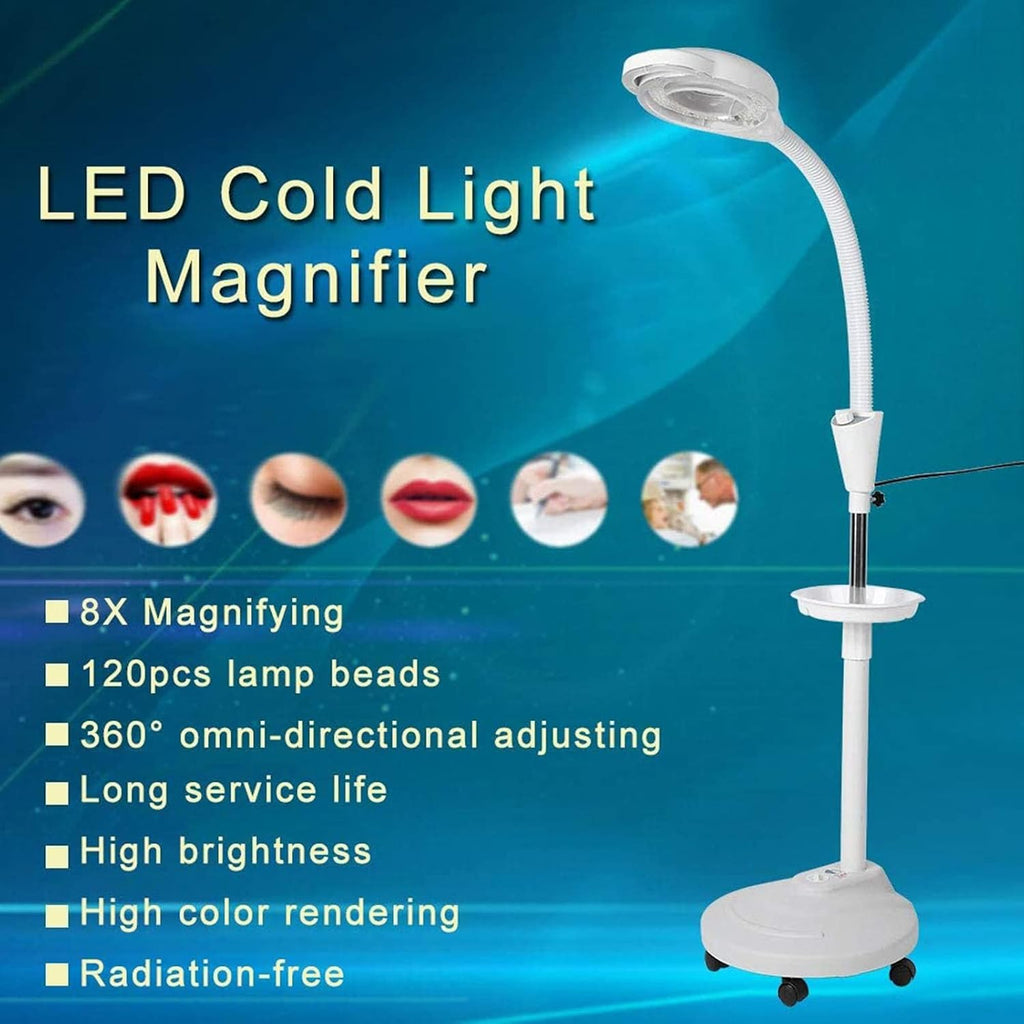 8X Vertical Beauty Magnifying Lamp LED Cold Light Lamp, Floor Stand Magnifier Light with Adjustable Height Stand for Salon Tattoo Makeup Detailed Care & Illumination